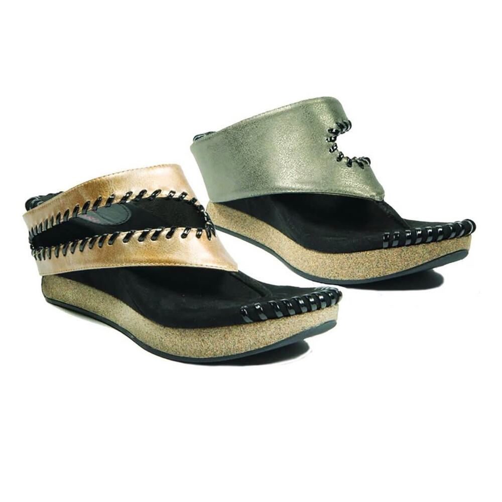 Modzori Tita Women's Size 19 Mid Wedge Reversible Gold/Pewter Thong Sandal